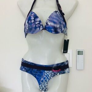 Blue Printed Halter Bikini Set - Women Swim